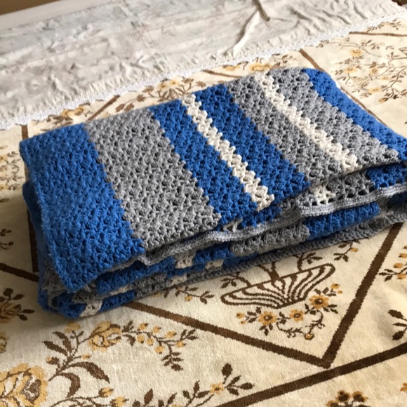 Handmade Queen Size Blue and Gray Striped Crochet Blanket - Picture 5 of 9
